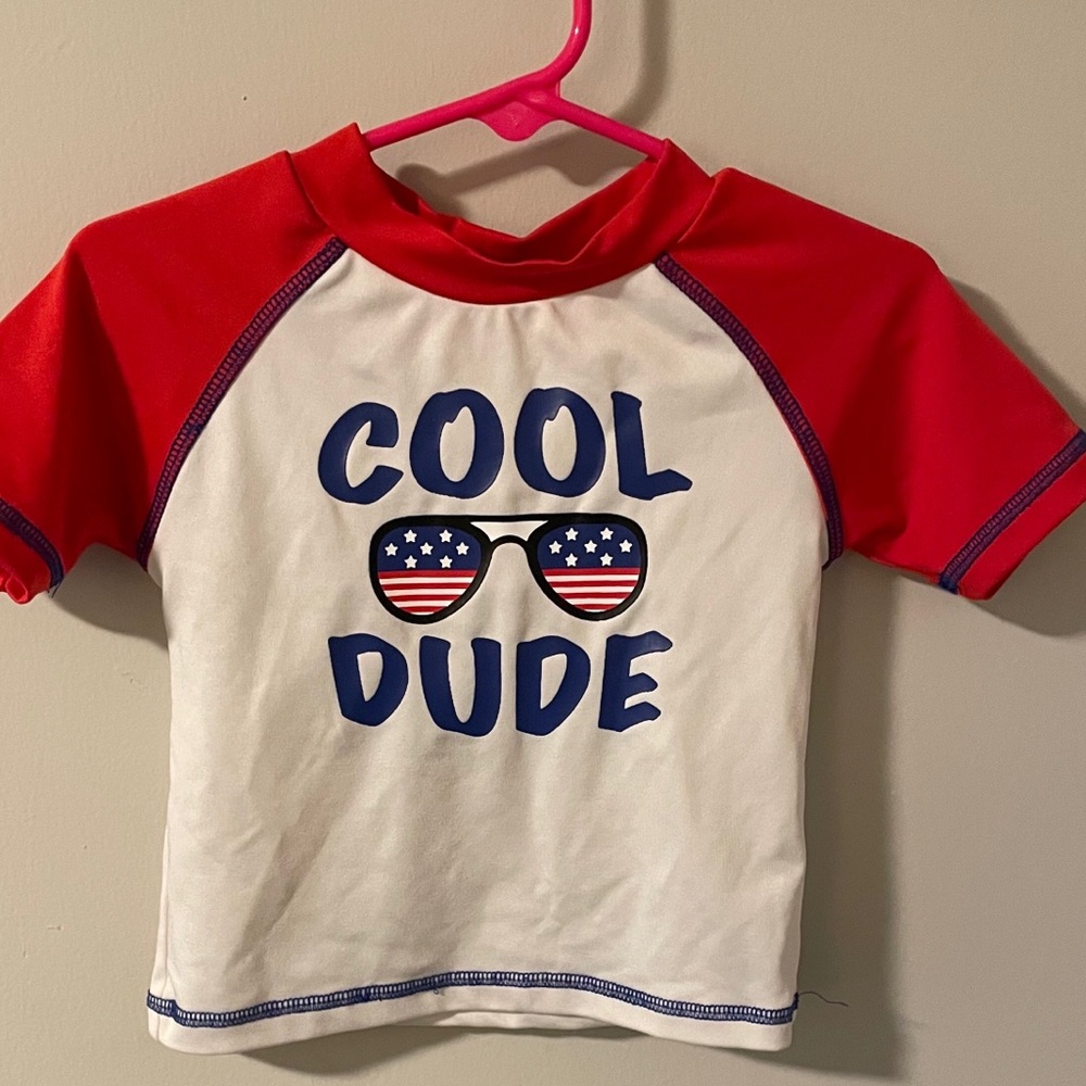 Red and White 'Cool Dude' Kids Swim Rash Guard shirt